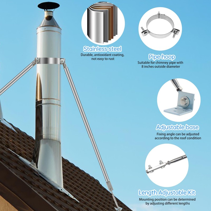 8” Stainless Steel Adjustable Extended Chimney Roof Support Kit -