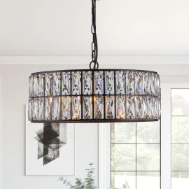 Modern Black Crystal Chandelier for Dining Room, 18" Round Adjustable Height Hanging Pendant LightShade color: Black, Lamp Power(W): 0-360W (No Bulb), Number of Lights: 6, Product Size: 45*45*25cm