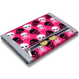 CDYJLDY Kids Trifold Wallet for Boys & Girls Ages 4-16, Zippered Coin Pocket, Lanyard & Card Holders, Outdoor Novelty for Children's Birthday Gifts (Skull)