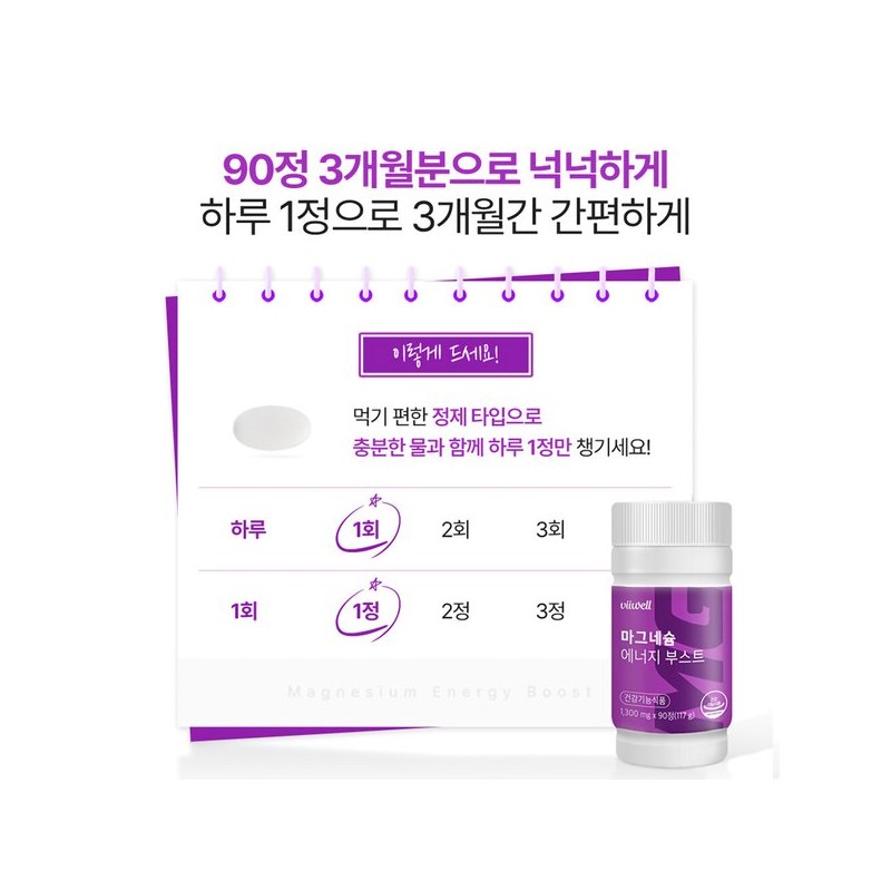 비웰 마그네슘 에너지 부스트 90정 1박스 (3개월분) / 비타민B 셀렌