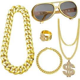 BUBOM 5 Piece Hip Hop Theme Accessories Kit - Retro Chains with Coin Design, Punk Style Glasses & Dollar Ring for Costume Parties, 80s 90s Rapper Fashion