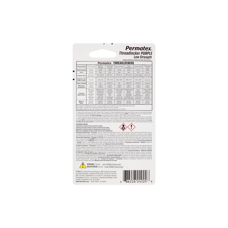 Permatex 24024 Low Strength Threadlocker Purple, 6 ml Tube