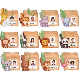 72Pcs Safari Animals Photo Nameplates Self Adhesive Jungle Animal Name Labels Stickers Elephant Tiger Lion Photo Name Tags for Desk Bins Cubbies Classroom Back to School Decorations Teacher Supplies