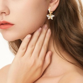 Silver Earrings Women's 18k Plated Hoop Earrings Hanging Silver Hypoallergenic Butterfly Hoop Earrings Jewellery for Women, Copper, Cubic Zirconia