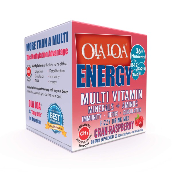 Ola Loa Energy Cran-Raspberry Multi Vitamin Drink Mix - Amino Energy Powder, Gluten Free, Detox, Dairy Free, Caffeine Free - Drink Your Vitamins for The Rigors of Daily Life - 30 Packets (8.25oz)