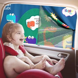 DOSYU Parasol Magnético para Coche, Parasol Ventana Lateral de Dibujos Animados, Diseño de Doble Capa, 5 Capas de Aislamiento, Máxima Protección contra Rayos UVA y Anti-Mosquitos. (Dinosaurio)