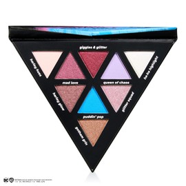 Lottie London x Harley Quinn Mad Love Eyeshadow Palette in Pouts & Pigtails, 9 shade eyeshadow palette in metallic greys and silvers, deep reds and metallic brown shades