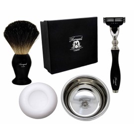 Pure Black Badger Hair Shaving Brush Set of 4 Pieces in Black Includes Black Badger Hair Brush, Mach 3 Razor, Stainless Steel Bowl & Soap Free