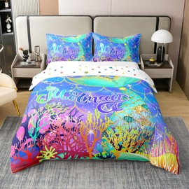 Funda de edredón 100 % algodón con lentejuelas y cola de sirena, con temática oceánica, colorida, funda de edredón transpirable para decoración de recámara, funda de edredón de teñido anudado