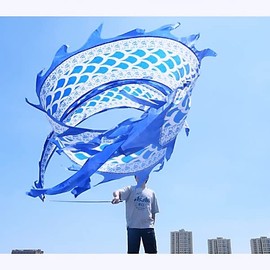 5 Meters (16.4 FT) Blue Scale Dragon Silk-like Flowy Spinning & Shaking Poi, Outdoor Flinging Fitness Dragon Dance Wu Long 3D dragon Ribbon Streamer with Adjustable Fiberglass Handstick + Travel Bag!