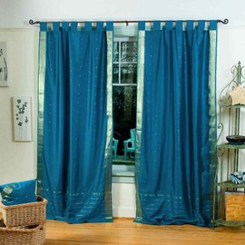 Indian Selections Turquoise Tab Top Sheer Sari Curtain/Drape/Panel - 80W x 120L - Piece