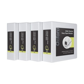 Oxford 3 Ring Binders, 3 Inch ONE-Touch Easy Open D Rings, View Binder Covers on 3 Sides, Durable Hinge, Non-Stick, PVC-Free, White, 4 Pack (79915)