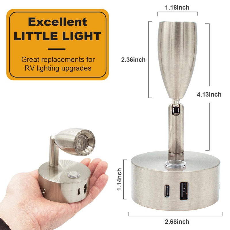 WTNYOU 12V LED Reading Light with Dual Charging Ports, Touch