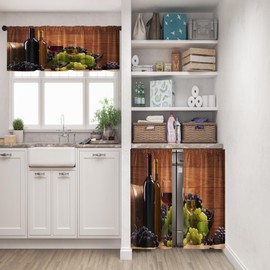 Tayney Red Wine Kitchen Window Curtains Valance and Tier Set 36 Inch, Grapes Glasses Wooden Vintage Rod Pocket Short Tier Curtain, Retro Small Cafe Drapes for Kitchen Decor