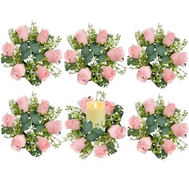 tyoungg 6 PCs Artificial Pink Rose Eucalyptus Pillar Candle Rings Wreath Weddding Banquet Reception Table Centerpiece Spring Home Decor (6, Pink)