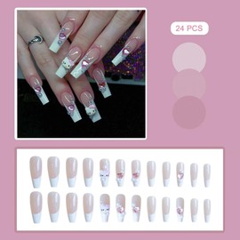 24 PCS Press on Nails Pink 3D Kitty Cat Fake Nails Pearl Fake Nails Heart Fake Nails Long Fake Nails Gifts for Women and Girls (No.197)