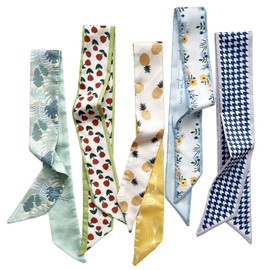 Hixixi 5PCS Floral Scarf for Bags Handbag Handle Ribbon Satin Neck Scarf Neckerchief Headbands Hair Scarf for Women Girls