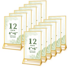 Alffun 12 Pack Gold Acrylic Sign Holders 4x6, Double Sided Vertical Stand Clear Picture Frame Stands, Menu Flyer Holder for Wedding Table Numbers, Restaurant Signs, Party and Office Photos