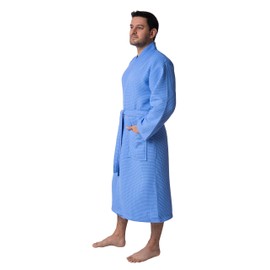 BAGNO MILANO Mens Waffle Robe – Lightweight Cotton Blend Waffle Bathrobe Men for Spa, Made in Turkey (Medium Blue)