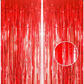 2pcs 3.2 x 8.3ft Glitter Red Foil Fringe Curtain Backdrop Tinsel Curtain Party Streamers Curtain Backdrop Decorations for Birthday School Graduation Hen Girls Christmas Party Decorations
