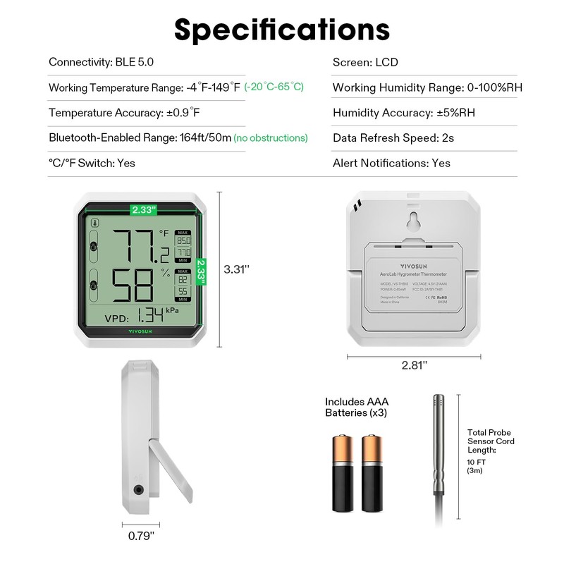 VIVOSUN AeroLab THB1S Wireless Bluetooth Hygrometer Thermometer Indoor, VPD, Digital