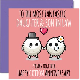 Cute Cotton Anniversary Card for Daughter & Son In Law - 2 Years Together - Happy 2nd Wedding Anniversary Cards for Son In Law Daughter, 5.7 x 5.7 Inch Greeting Cards for Second Anniversaries