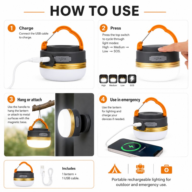 Rechargeable Camping Lantern for Outdoor Use – 4-Mode LED Tent