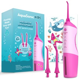 AquaSonic Kids' Water Flosser for Ages 6+ | Standard Nozzle, Orthodontic Nozzle & Waterproof Stickers | 4 Flossing Modes | Aquarium Adventures Theme (Pink)