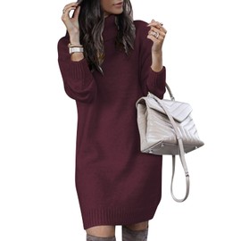 SENFURE Soft Turtleneck Pullover Dress for Women Long Sleeve Knit Elasticity Sweater Fall Winter Mini Sweater Dresses Burgendy