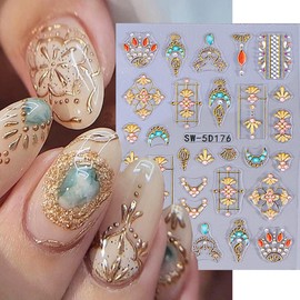 Celestial Nail Art Stickers, Gold Metallic Sun Moon Design Nail Decals, 3D Stereoscopic Bohemian Style Luxury Adhesive Manicure Sliders with Rhinestones for Women Nail Decoration, 2 Sheets