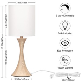 Bedside Touch Lamp, 3 Way Dimmable Touch Control Table Lamp, Wood Grain Farmhouse Table Lamp, Modern Nightstand Lamp with White Shade for Bedroom, Dorm, Office, 3000K LED Bulb Included