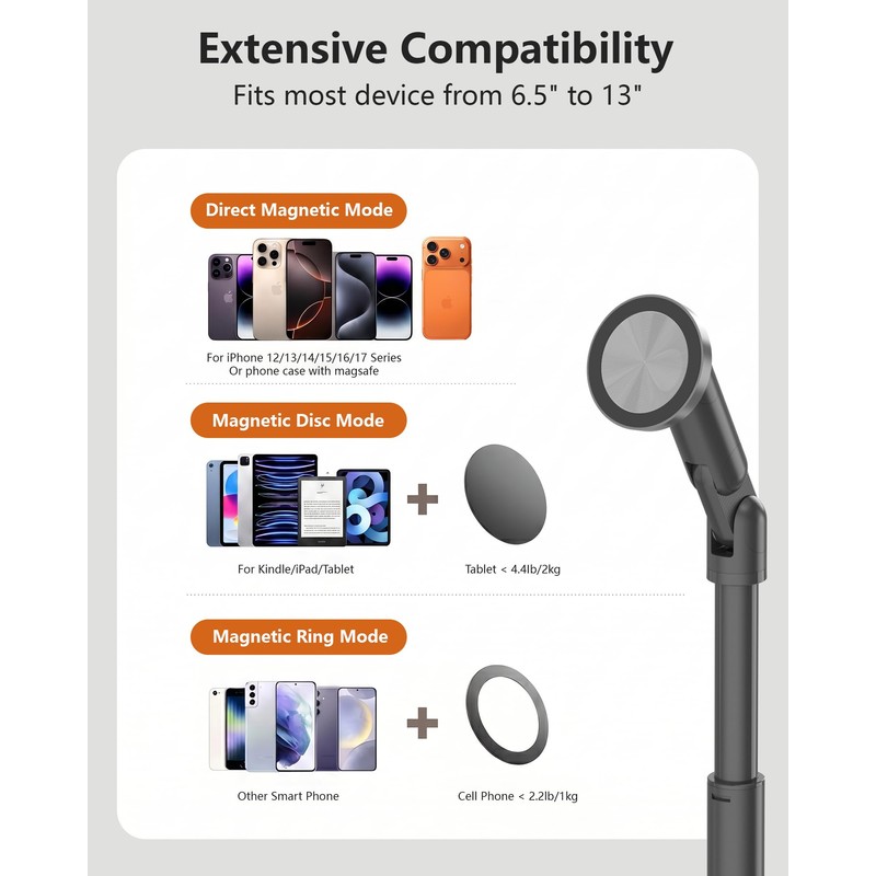 QJYKIONE Tablet Magnetic Stand for iPad＆iPhone All, 9-17" Height Adjustable