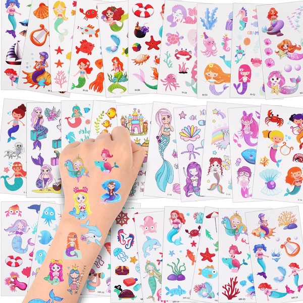 AOOWU Temporary Tattoo for Kids, 30 Sheets Kid Temporary Tattoos Sticker, Waterproof Fake Tattoo Set, Childrens Cartoon Tattoo Stickers for Boys Girls Birthday Gift Party Bag Filler (Mermaid)