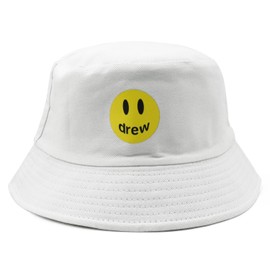 ALLY-MAGIC Bucket Sun Hat, Smiley Bucket Hat Happy Face Flat Caps Double-Side Embroidery Summer Fisherman Hat Foldable Cotton Sun Cap for Summer Hiking Camping Traveling Fishing Y4DREWZYM (White)