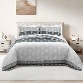 UYOF Quilt Set King Size - King Quilts Bedding Set, 100% Cotton Reversible Luxury Comforter Set, Farmhouse Floral Boho Striped Patchwork Summer Bedspreads Set with Shams for All Season, Grey