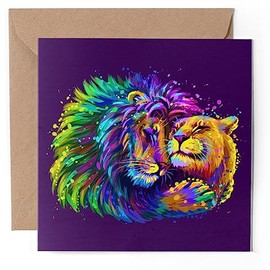 1 x Greeting Card - Lion Couple Lioness Wild Animals Love - Blank Birthday Celebration Anniversary #53036
