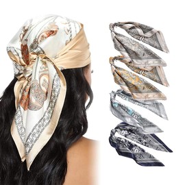 CULEO Women's Scarves & Wraps,60cm Satin Simulated Silk Small Square Scarf Vintage Printed Silk Scarf for Women (4 Pcs)