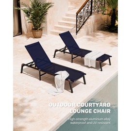 WOAJNQO Aluminum Chaise Foldable Patio Lounge Chair Outdoor,Adjustable 5-Position Recliner Pool Lounge Chair,Full Flat Tanning Chair for Patio,Beach,Pool,Outdoor Lounge Chairs,Navy Blue