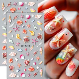 2pcs Summer Nail Stickers Starfish Seashell Turtle 5D Acrylic Engraved Nail Decals Ocean Theme Self-Adhesive Sliders Beach Nail Stickers for Women Girl Manicure Decoration Nails Supplies