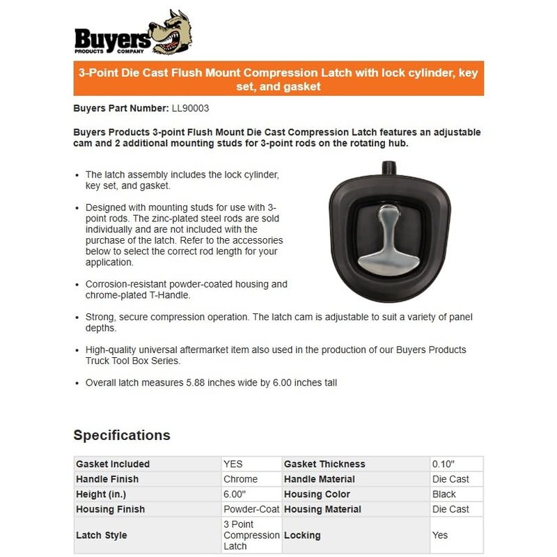 Buyers Products LL90003 Heavy‑Duty 3‑Point Compression Latch for Underbody Truck