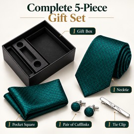 Men’s Tie Gift Set with Pocket Square, Cufflinks & Tie Clip in Gift Box, Textured Emerald Green Necktie Set for Wedding, Business & Formal Events