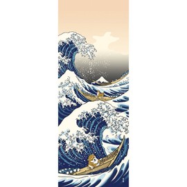 Hamamonyo Shiba Inu in Great Wave Kanagawa Chusen Tenugui Towel,White,34 x 90 cm
