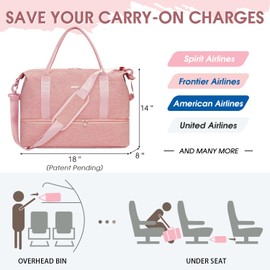 For Airlines 18x14x8 Personal Item Bag with USB Charging Port, Underseat Travel Duffel Bag with Wet Pocket & Shoes Compartment Carry On Luggage for Women Men (Pink)