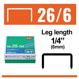 Max 35-5M Standard Staples for USA; Leg Length 6mm (1/4"); 100 Staples per Stick, for Use with Max HD-50, HD-50R, HD-50F and other Standard Staplers, 0.25" Leg Length, 0.5" Crown Width, 5000 Count