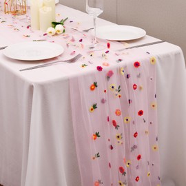 1pcs Pink Daisy Fall Table Runner Embroidery Gauze 10FT Florals Seasonal Tulle Holiday Birthday Kitchen Dining Table Decor for Home Party