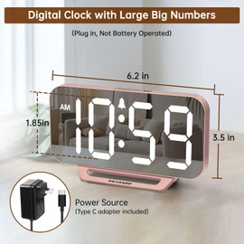 Peakeep Slim Digital Mirror Clock, Aesthetic Alarm Clock for Bedroom Living, Plug in Electric Clock Big LED Modern Decorative Small Table Clock for Office Desk, Battery Backup, 6 Dimmers (Rose Gold)