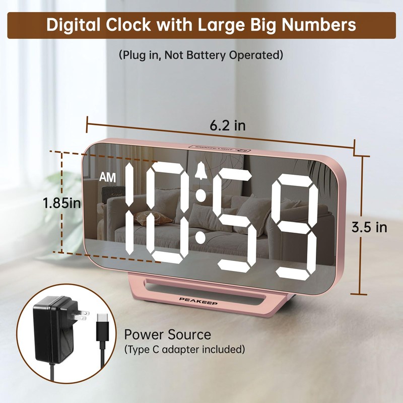 Peakeep Slim Digital Mirror Clock, Aesthetic Alarm Clock for Bedroom