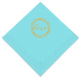 Weddingstar 3-Ply Gold Foil Cocktail Napkins Sea Blue - Love Wreath