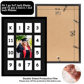 12x16 School Years Picture Frame K-12, Display One 5x7 Photo and Twelve 2.5x3.5 Pictures, Graduation Photo Collage Black Frame with Mat and Plexiglass for Wall hanging, Black Mat, Black, 2 Pack