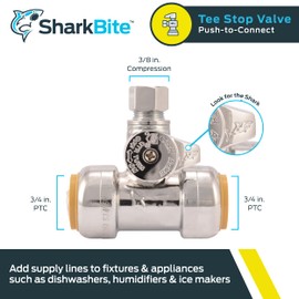 SharkBite 3/4 x 3/4 x 3/8 Inch Compression Tee Stop Valve, Push to Connect Brass Plumbing Fitting, PEX Pipe, Copper, CPVC, PE-RT, HDPE, 24986A